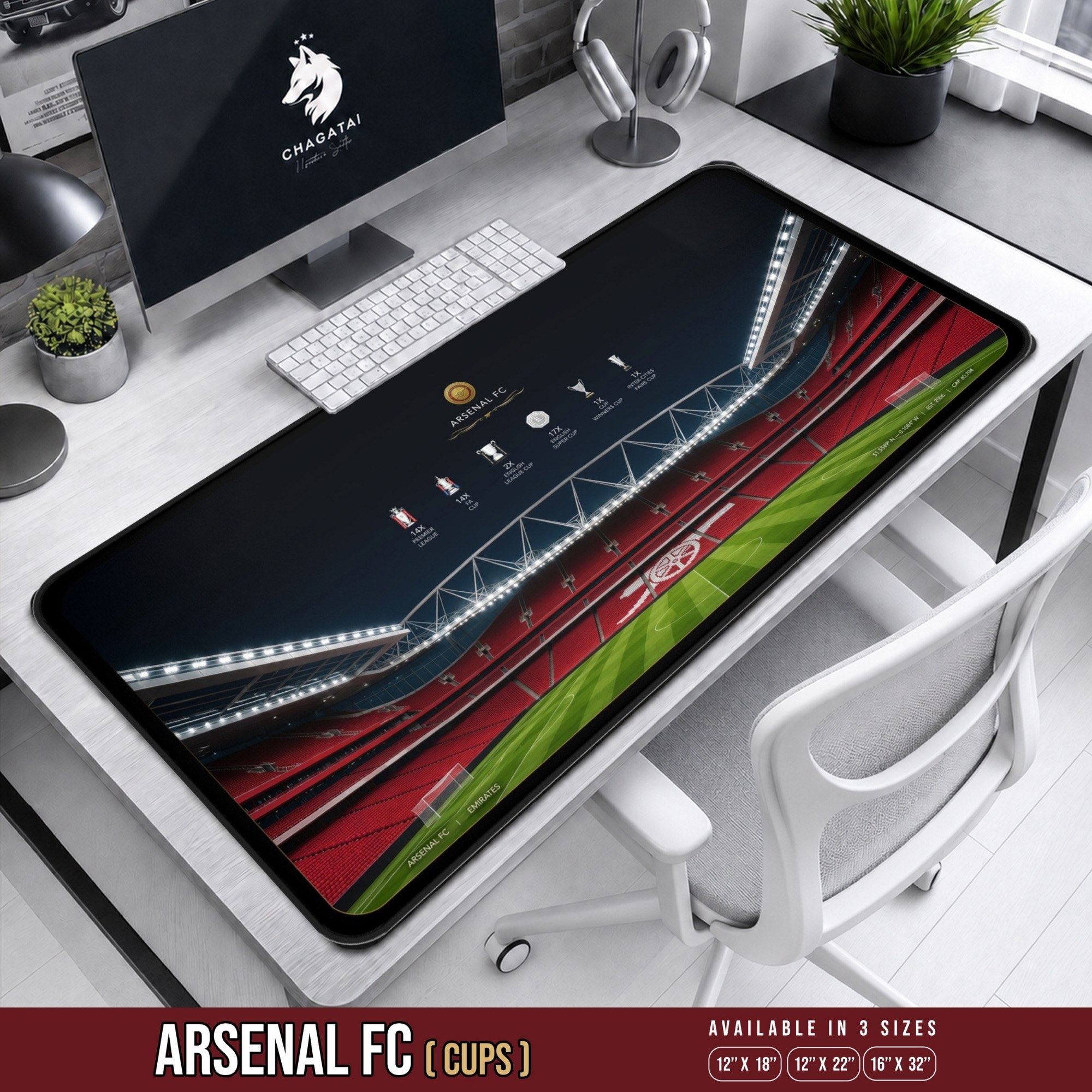 Arsenal Desk Mat with an Emirates Stadium and trophies theme for Gunners supporters building a football-focused workspace