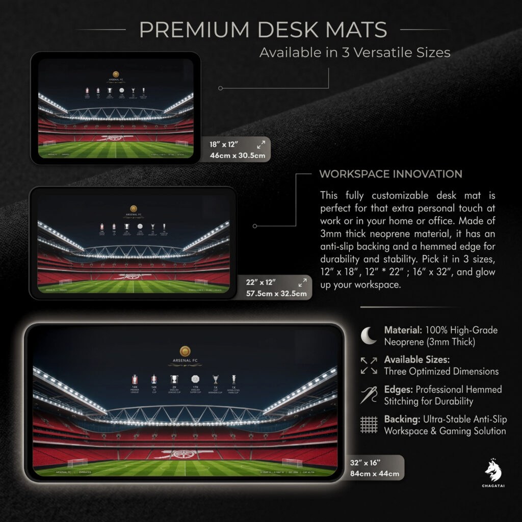 Football fan gift desk mat with an Arsenal stadium and trophies theme for a Gunners supporter who works or games at a desk