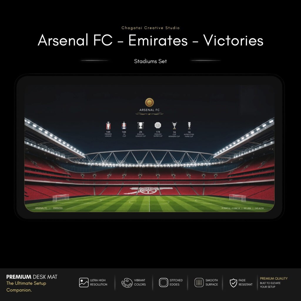 Arsenal trophies desk mat with a stadium theme for supporters drawn to the club's history and a football-inspired workspace