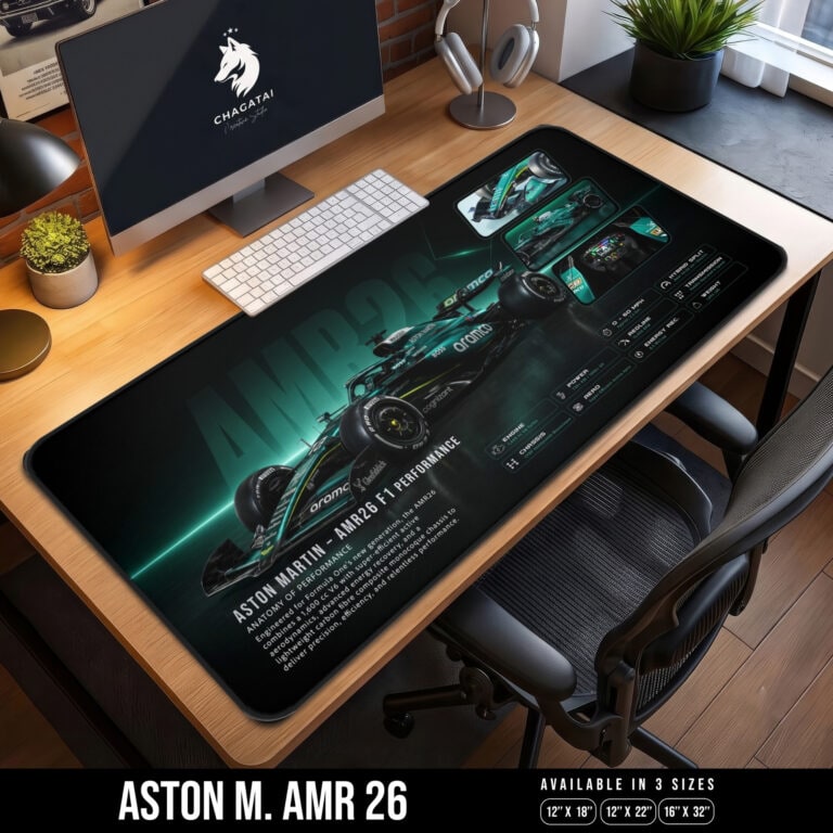 Aston Martin AMR26 F1 desk mat featuring a green Formula racing car, cockpit details and technical performance graphics