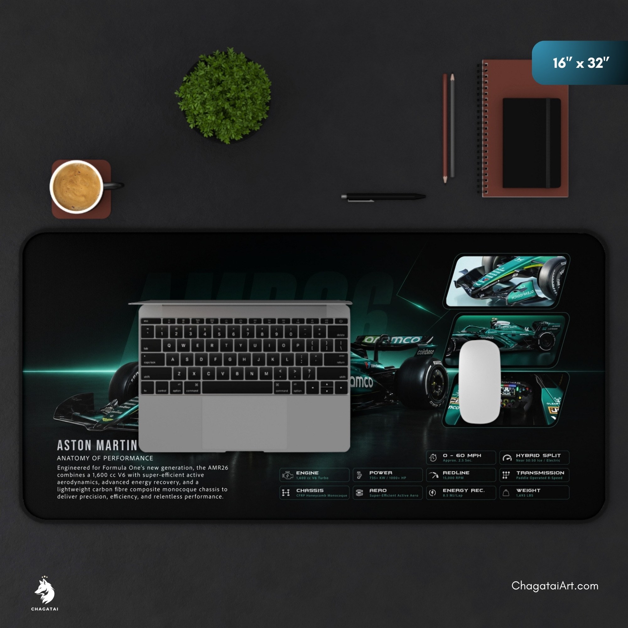 Aston Martin AMR26 F1 gaming desk mat with dark green Formula racing artwork
