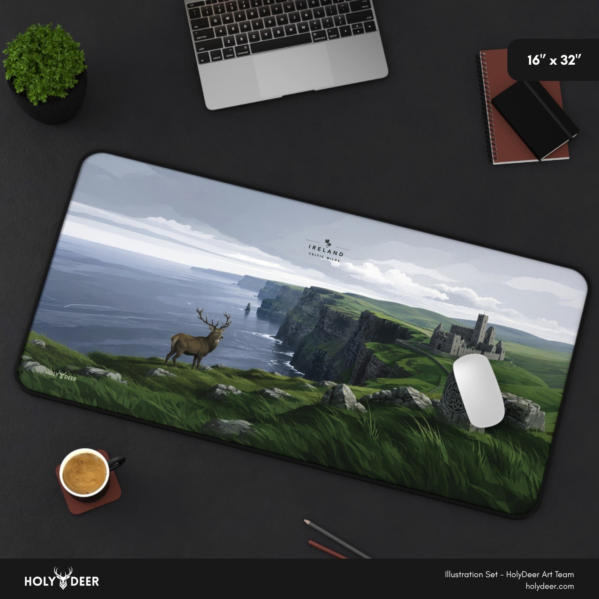 Castle and stag desk mat inspired by Ireland, with sea cliffs and Celtic-style stonework in a nature-focused coastal scene