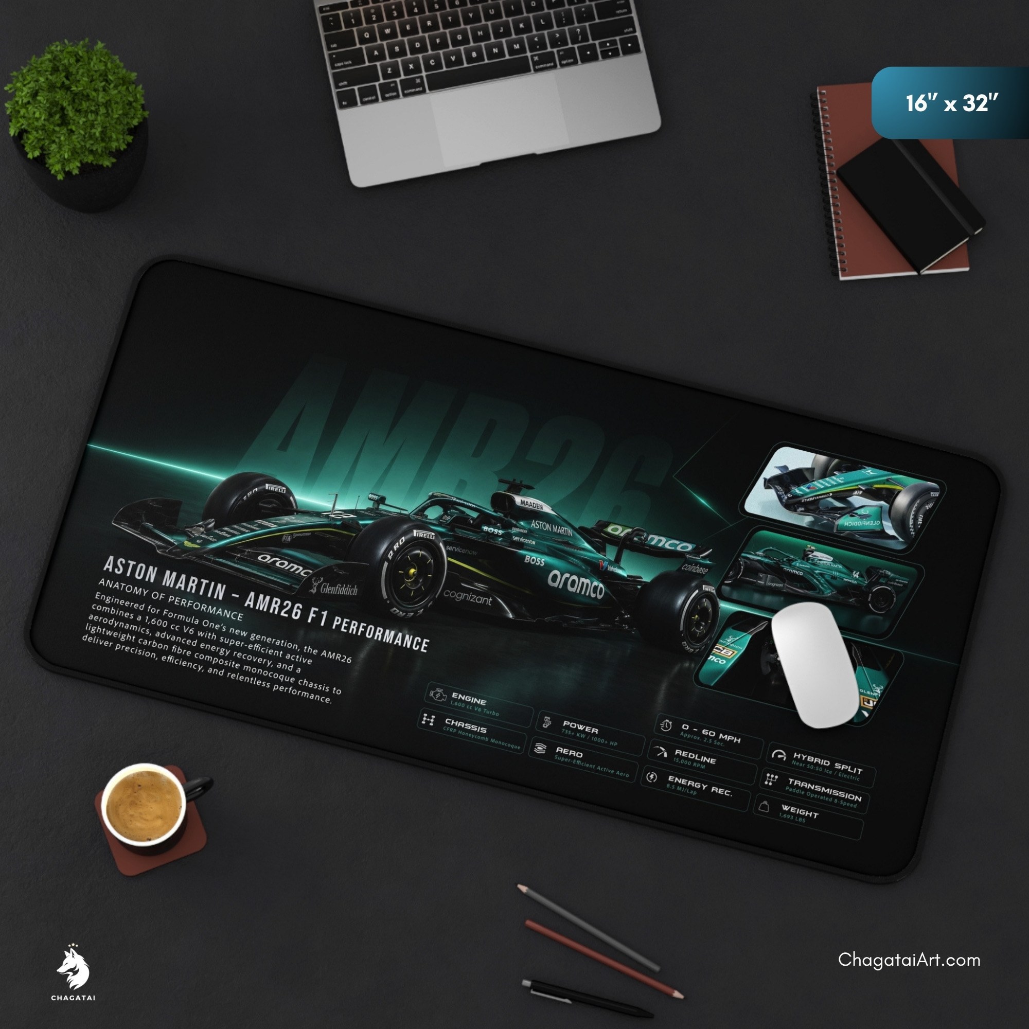 Aston Martin AMR26 motorsport desk mat with Formula car technical performance graphics