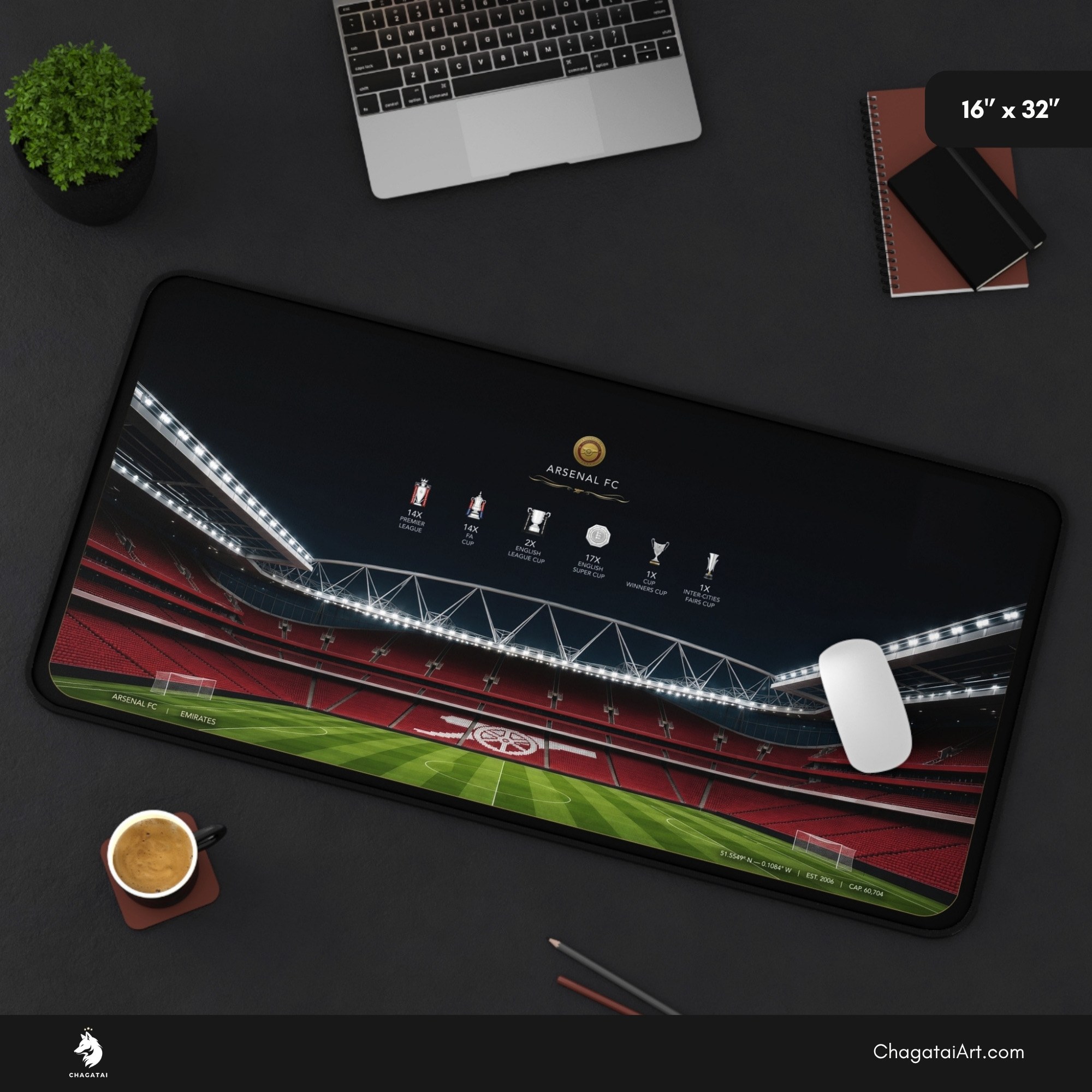English football desk mat inspired by Arsenal's stadium and trophy history, suited to a supporter creating a club-themed setup