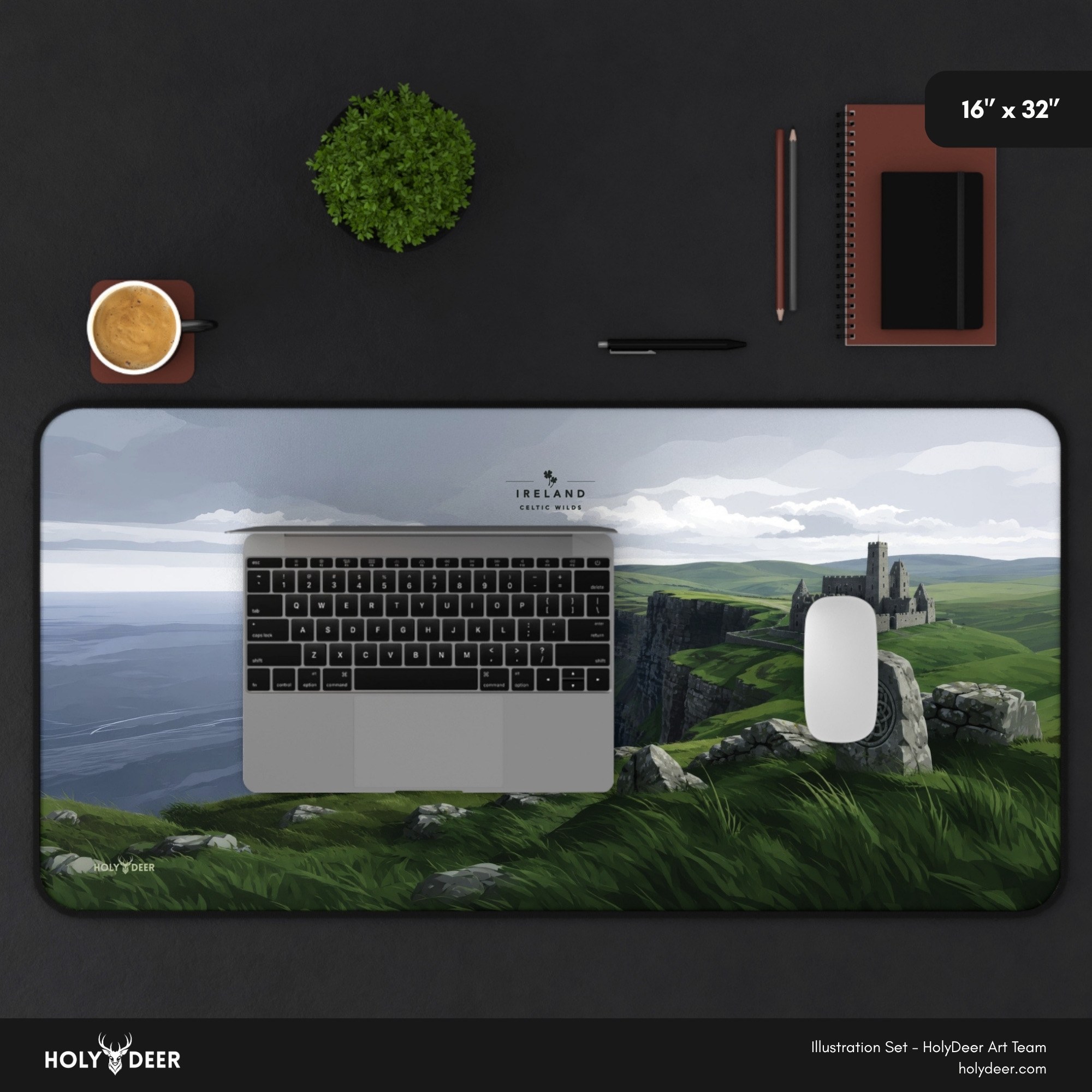 Holy Deer Celtic Wilds Ireland desk mat featuring an illustrated coastal landscape with a stag, castle, and sea cliffs