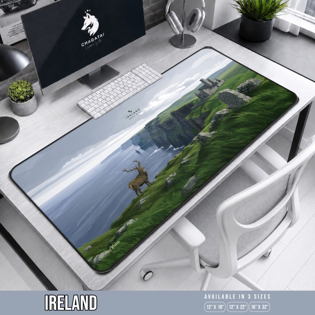Irish Celtic desk mat showing an antlered stag above the sea, coastal cliffs, a distant castle, and a Celtic-style stone carving