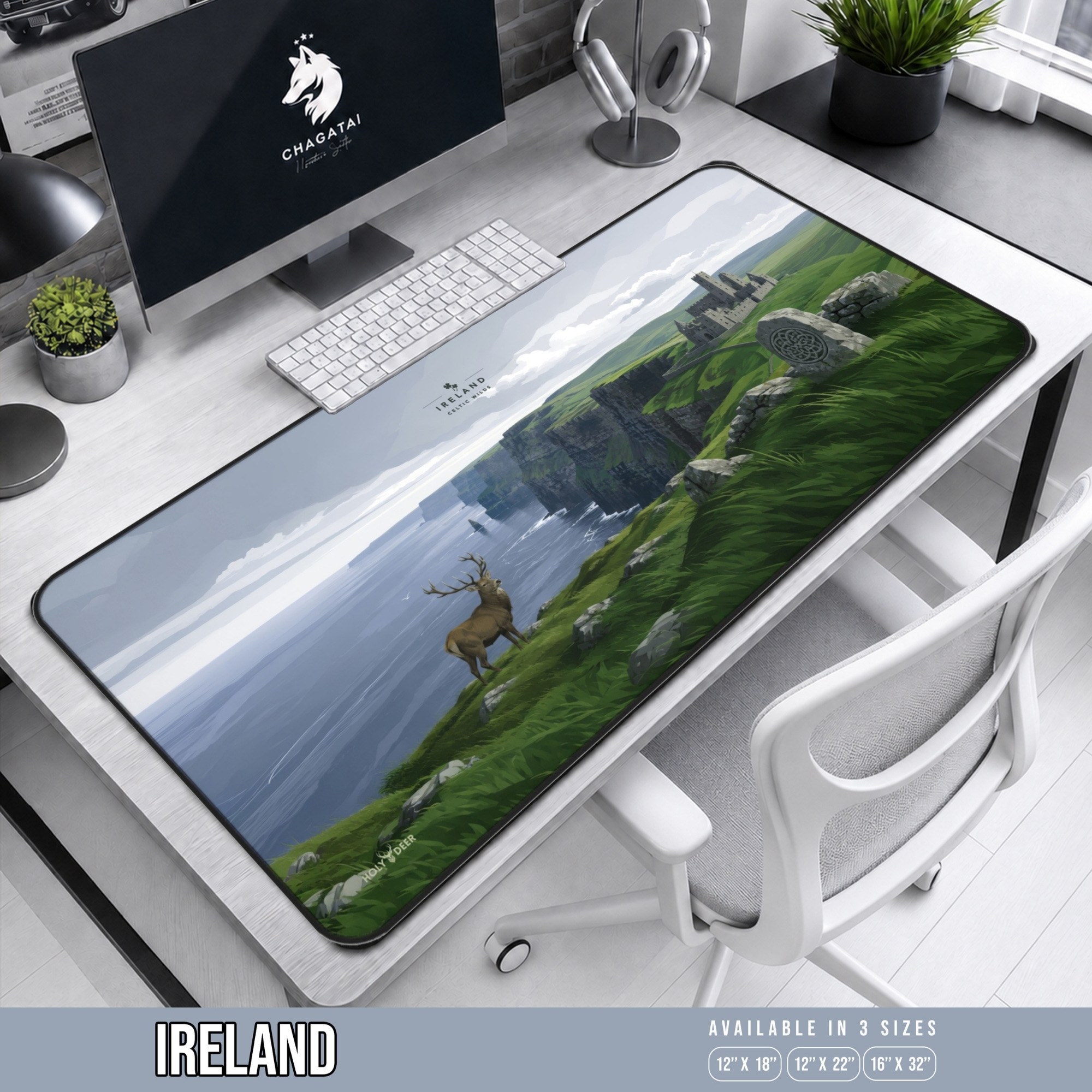 Irish Celtic desk mat showing an antlered stag above the sea, coastal cliffs, a distant castle, and a Celtic-style stone carving