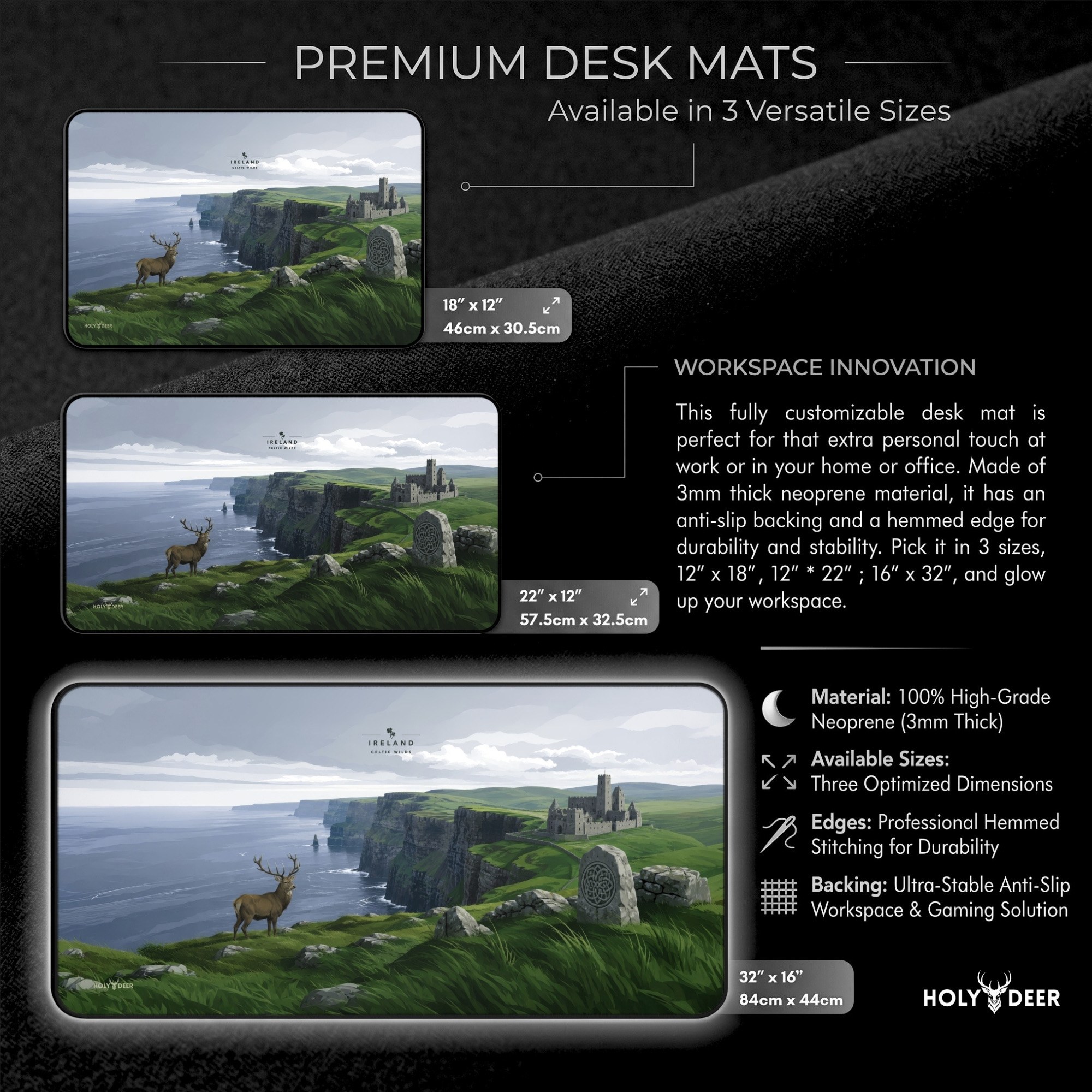 Irish scenery mouse pad with deep green cliffs, an antlered stag, and a coastal castle in a Celtic-inspired landscape design