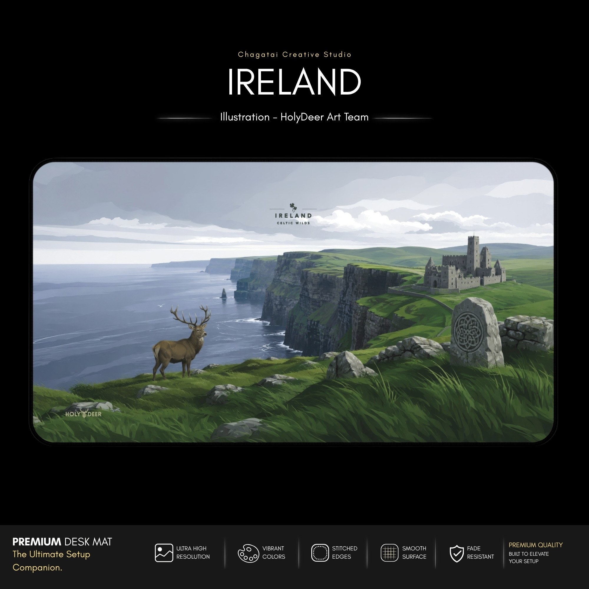 Celtic stag desk mat with an Irish coastal landscape, a hilltop castle, and a carved stone motif for a scenic desk setup