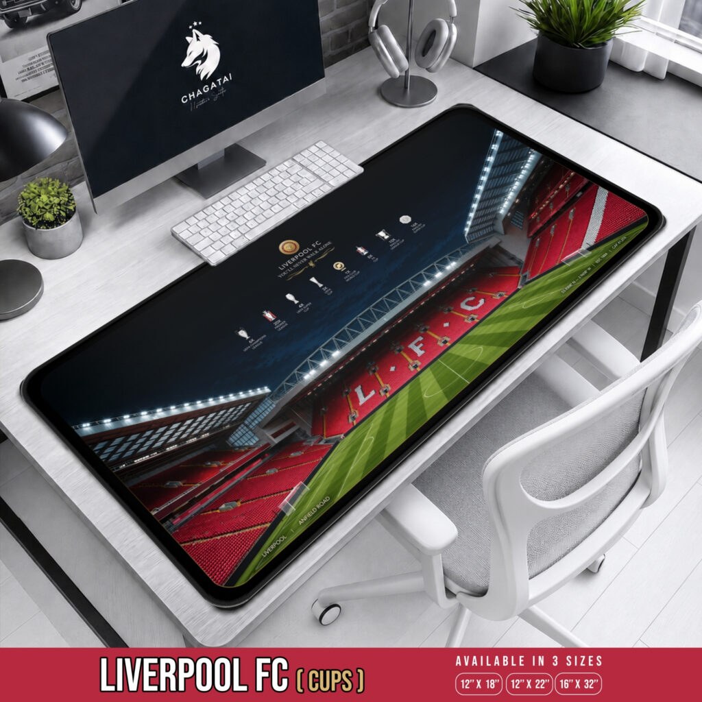 Anfield Road Art desk mat featuring a Liverpool stadium illustration and trophy artwork for a supporter's workspace