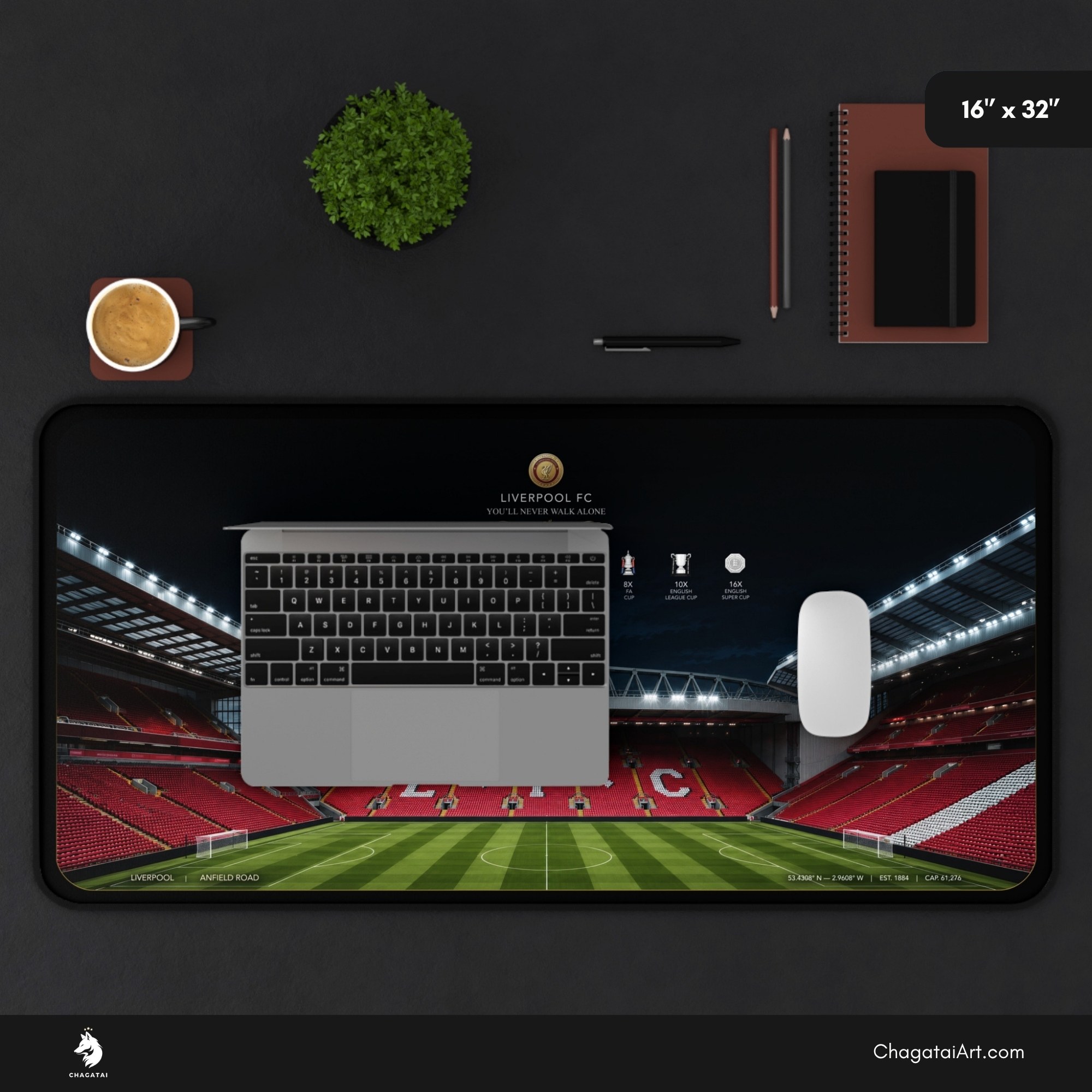 Liverpool-themed desk mat with stadium and trophy illustration, a practical choice for a supporter’s daily setup