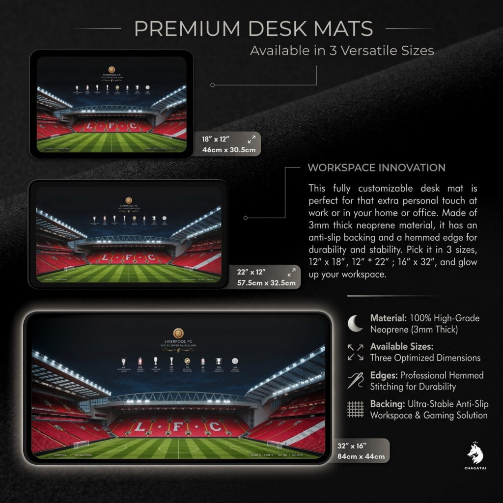 Liverpool Fan Gift desk mat featuring stadium illustration and trophy imagery for someone who follows the club